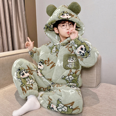 男童睡衣可外穿三层夹棉加厚新款中大童珊瑚绒男孩家居服套装冬季