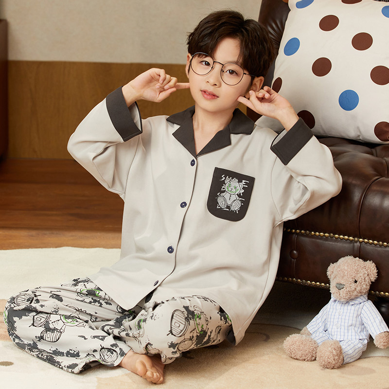 男童睡衣2026春秋款纯棉中大童男孩翻领开衫长袖暴力熊家居服套装