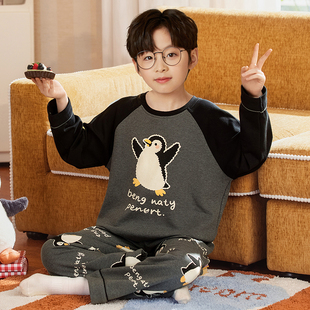 纯棉男童家居服套装圆领春秋季新款男孩长袖春秋款中大童睡衣企鹅