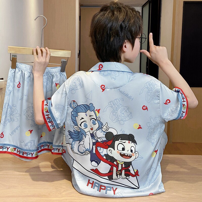 2026夏季新款冰丝男童睡衣凉感短袖家居服男孩中大童三件套套装