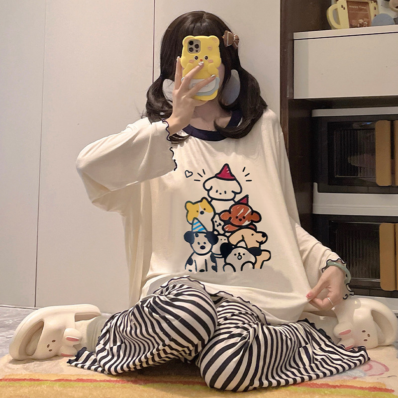 女童睡衣春秋款莫代尔狗狗派对初中生圆领套头家居服韩版洋气套装