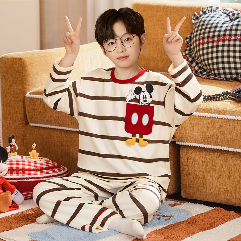 纯棉男童睡衣圆领春秋季新款男孩长袖春秋款套头中大童家居服套装