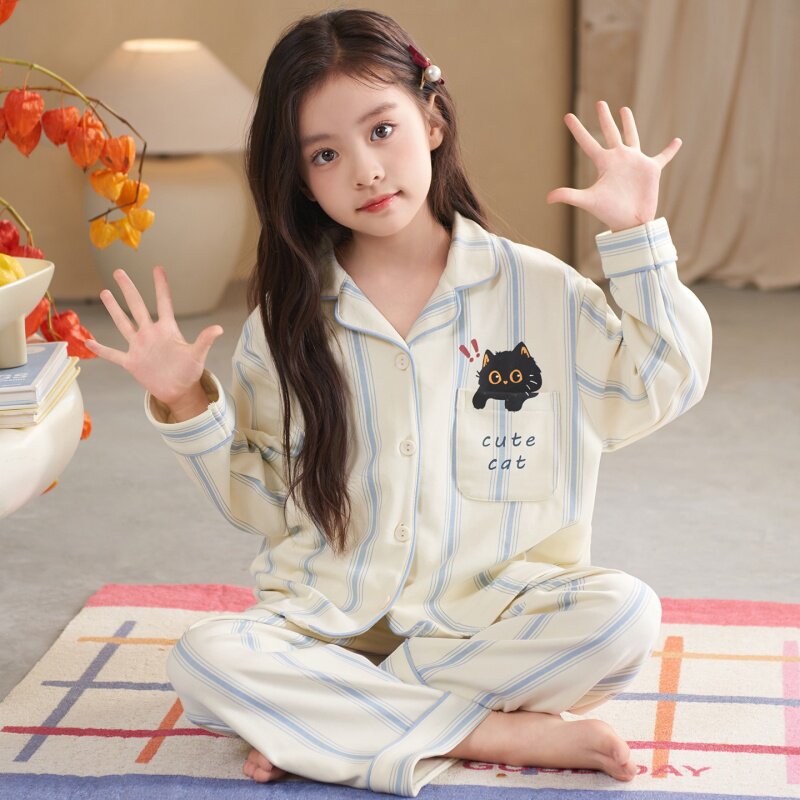 2026女童睡衣春秋季长袖纯棉新款家居服翻领款中大童卡通儿童套装