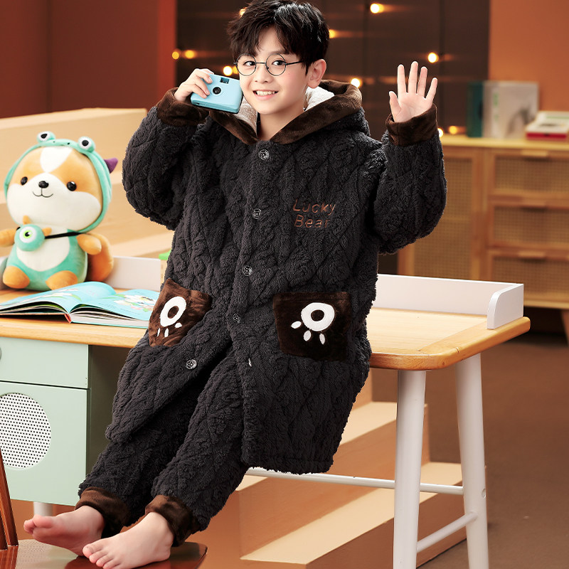男童睡衣冬季三层夹棉加厚儿童珊瑚绒可外穿保暖中长款家居服睡袍