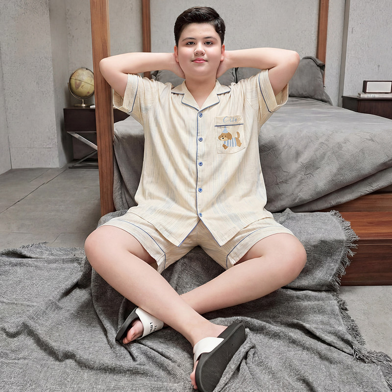 夏季睡衣胖童男孩加肥加大码纯棉短袖青少年套装中大童家居服开衫
