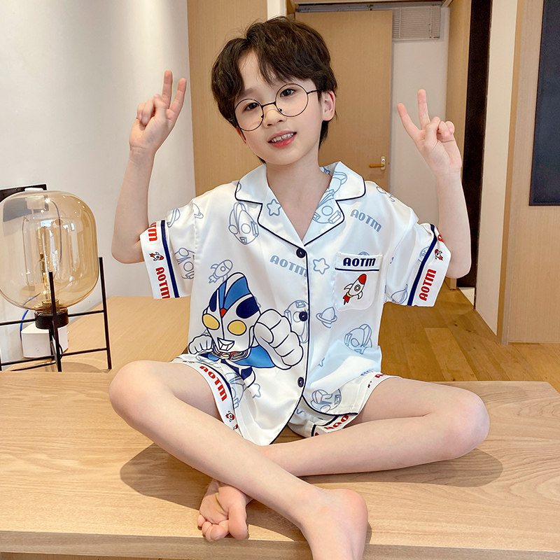男童夏季新款睡衣儿童冰丝空调服短袖短裤中大童6-12岁家居服套装