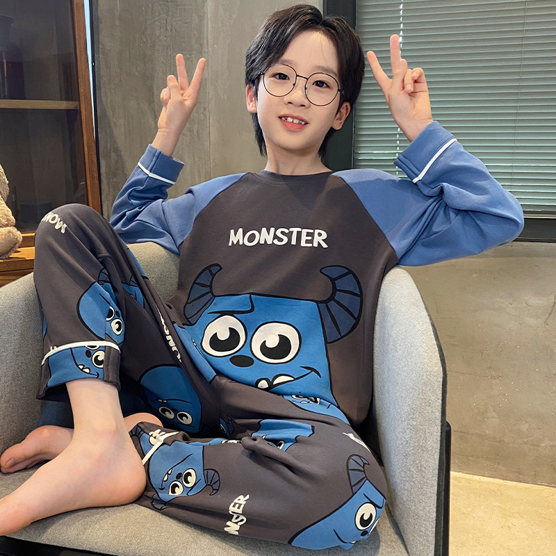 纯棉男童睡衣圆领春秋新款中大童男孩长袖休闲卡通套头家居服套装