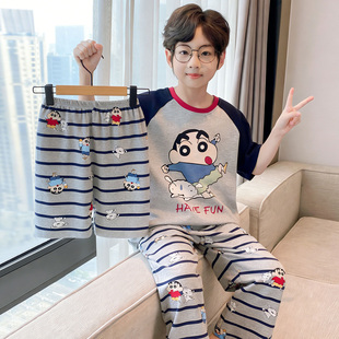 儿童睡衣2026新款夏季款男童短袖长裤纯棉三件套中大童家居服套装