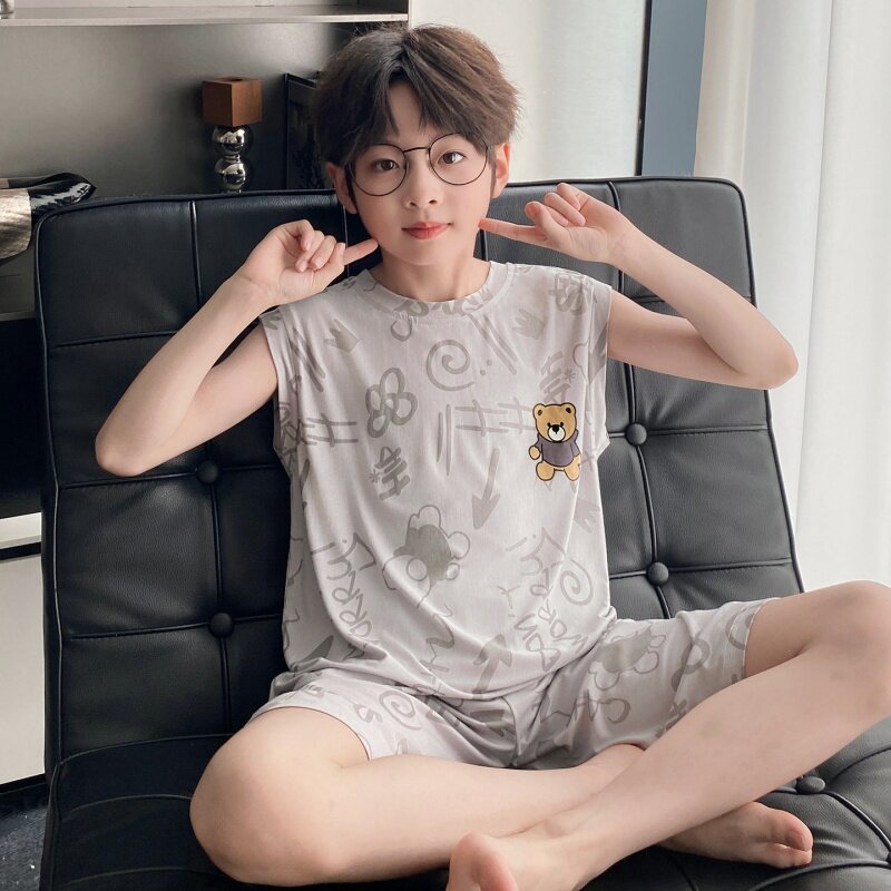 儿童睡衣男童夏季背心空调服套装无袖莫代尔薄款卡通中大童家居服