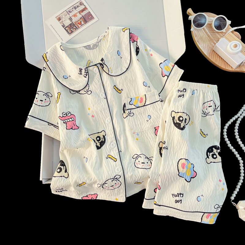女童夏季新款短袖短裤儿童睡衣娃娃领云朵棉女孩中大童家居服套装