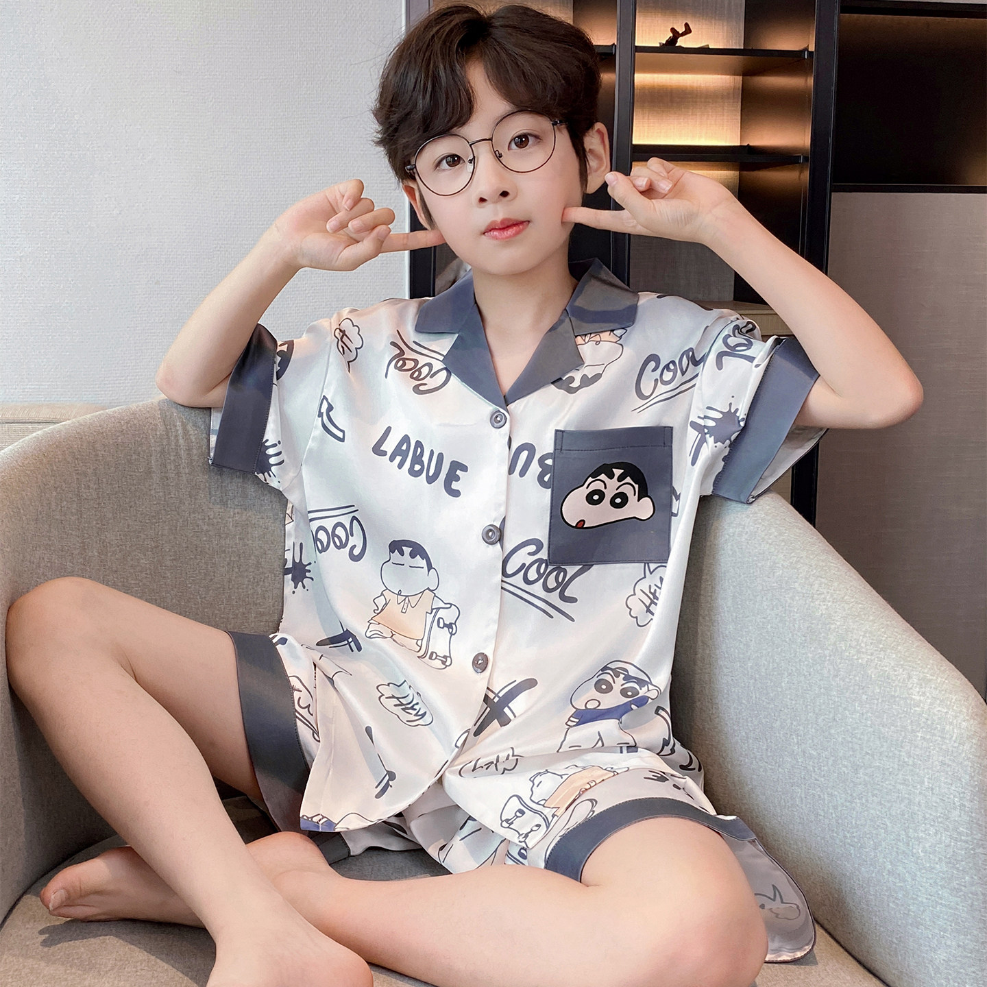 儿童冰丝睡衣2026新款男童夏季空调服短袖中大童6-12岁家居服套装