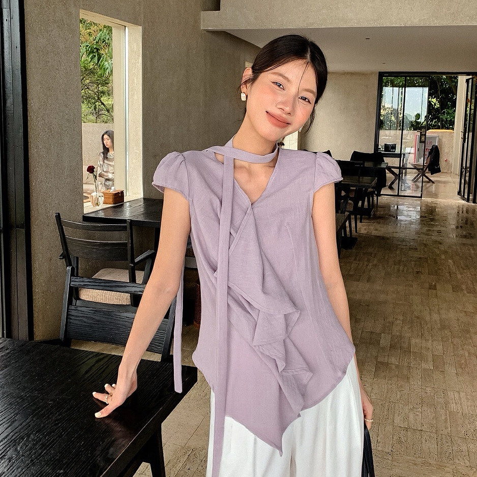 围脖飘带亚麻荷叶边V领温柔衬衫