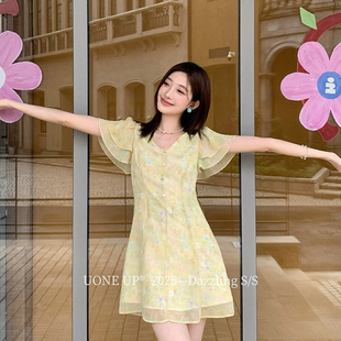 甜美温柔荷叶袖 夏季 小个子晕染碎花连衣裙气质收腰显瘦V领A字短裙