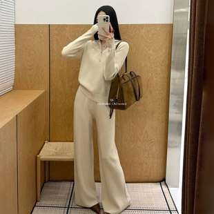 韩系简约时尚立领半拉链台暖绒针织套装华夫格休闲百搭毛衣两件套