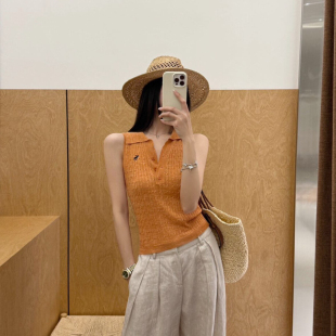 夏季老钱风韩版小马刺绣polo领无袖针织衫休闲百搭显瘦麻花背心女