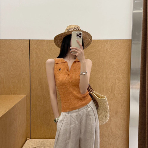 韩版小马刺绣polo领无袖针织衫