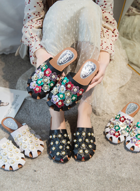 欧洲站2023夏季珍珠镂空包头平底凉拖时尚气质罗马凉拖鞋外穿平底