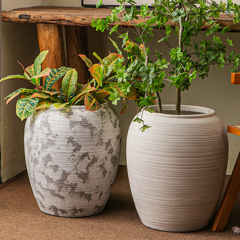 复古花壶瓶老式土陶罐镁泥花盆花器民宿侘寂风黑金刚落地装饰摆件