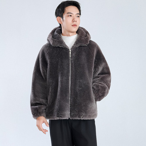 全羊毛颗粒绒加厚皮草外套男连帽羊羔毛休闲夹克羊剪绒皮毛一体潮