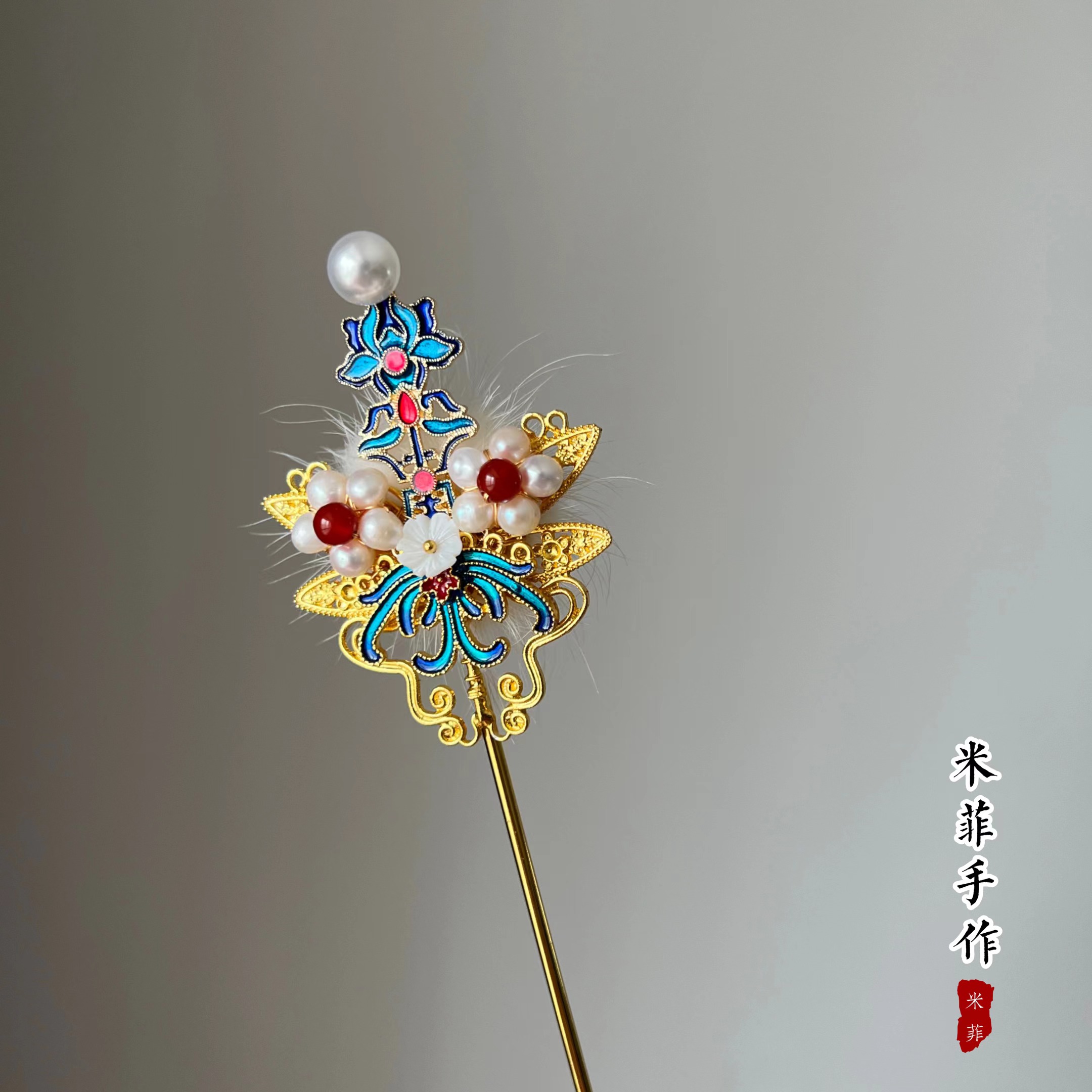 新年福利汉服发簪头饰仿烧蓝醒狮珍珠玛瑙蜻蜓毛球重工明制簪子