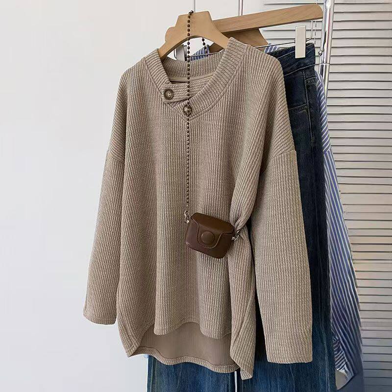 300斤大码女装松弛感长袖T恤打底衫秋冬内搭胖mm遮肚子慵懒风上衣