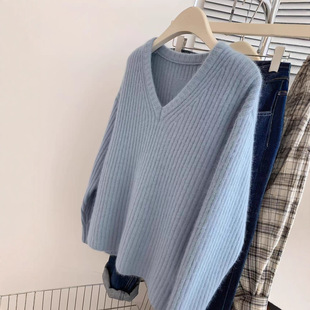 蓝色v领毛绒绒毛衣女秋冬冬季宽松慵懒风高级感小个子内搭针织衫