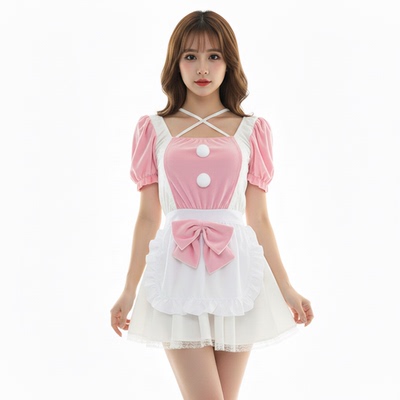 粉白毛绒女仆套装性感家居服睡裙