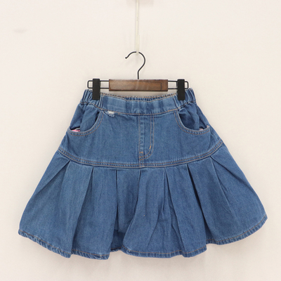 女童两色松紧腰百搭百褶牛仔裙