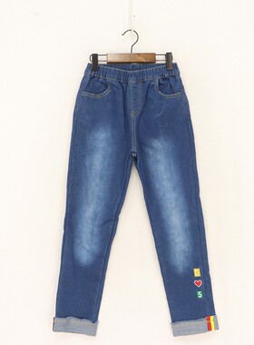 女童保暖弹力卷边加绒直筒牛仔裤冬季高腰松紧蓝色水洗童装 D1D