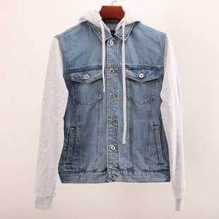 欧美单春秋款 子带帽牛仔外套 三色拼接灰色袖 男装