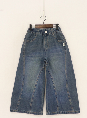 内销春秋款童装    男女童松紧腰两弧形白标牛仔宽松阔腿裤   D1N