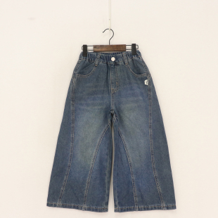 内销春秋款童装    男女童松紧腰两弧形白标牛仔宽松阔腿裤   D1N