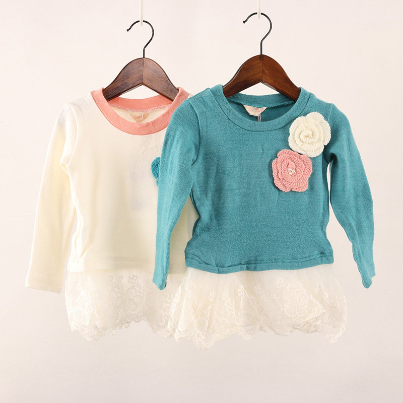 春秋款童装 女童圆领长袖蕾丝裙两色针织大花朵带钻公主裙