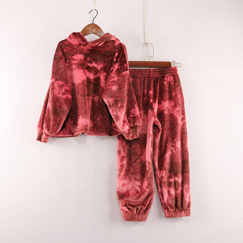 春秋款童装   女童舒适金丝绒晕染带帽卫衣束口裤   91A-13