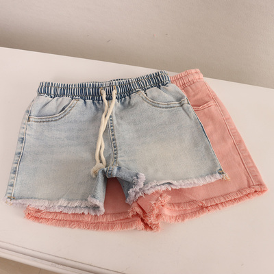 两色系带毛边牛仔短裤欧美单童装