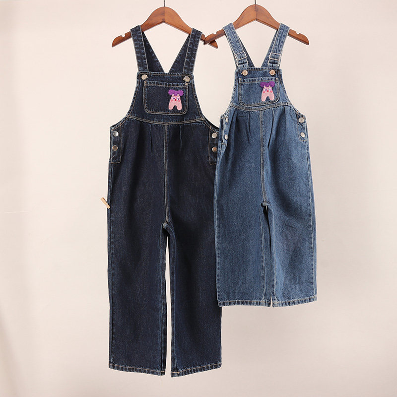 小图案大直筒阔腿牛仔背带裤