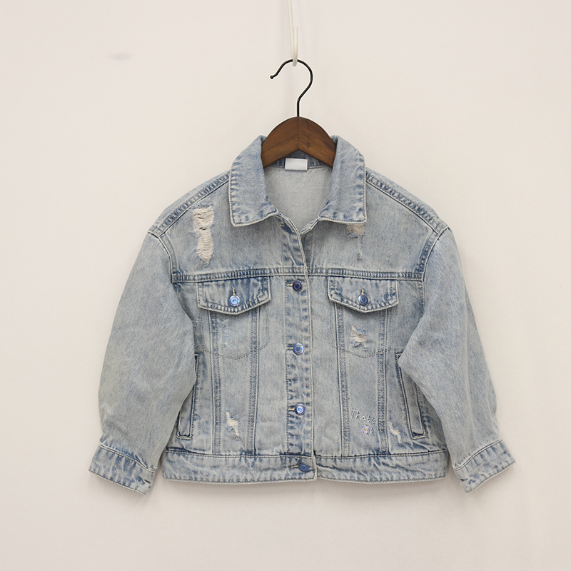 后背胶印渐变大花朵磨破牛仔外套