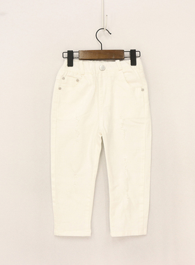 内销春秋款童装    小童松紧腰白色磨破后腰黄标牛仔长裤   DD