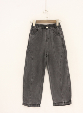 内销春秋款亲子装童装  深灰裤脚分割莱赛尔宽松牛仔直筒裤    DD