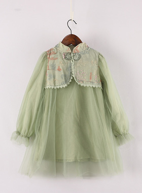 春秋款童装汉服女童假两件复古刺绣钩花盘网纱长袖连衣裙 6N-2-2