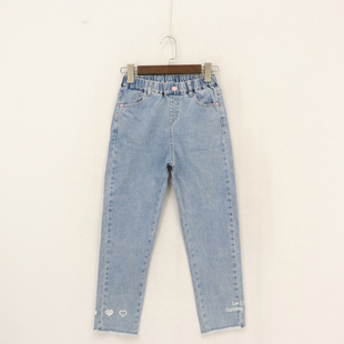 女童弹力裤 童装 脚镂空爱心白刺绣字母毛边直筒裤 竖D2c 春款 款