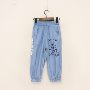 韩单春秋款童装  男女童松紧腰白字母莱赛尔束口裤  3-16-5-3