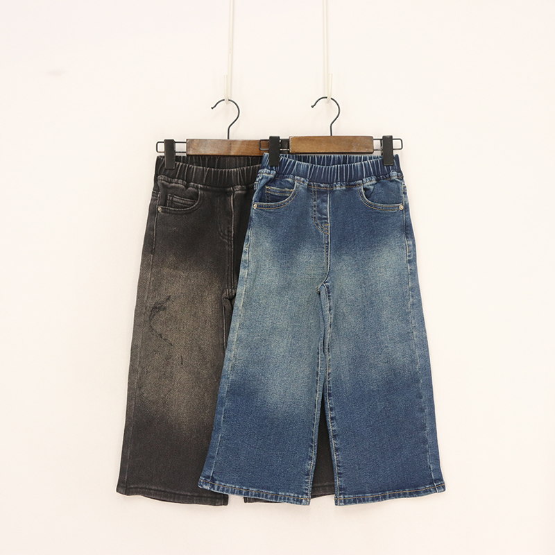 松紧腰磨毛渐变大直筒牛仔裤