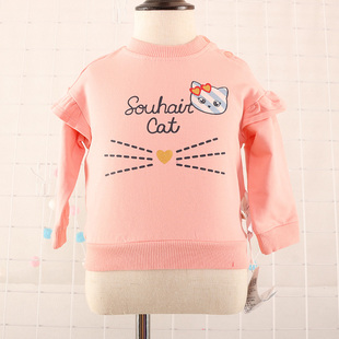春秋童装 女童粉色猫咪花边袖弹力毛圈料长袖T恤
