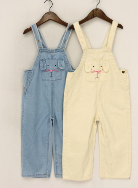 B内销夏款童装   女童两色口袋立体卡通毛边肩带牛仔背带裤   D2i