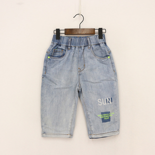 内销夏款童装   男童松紧腰左裤脚白绿字母七分牛仔裤  8H-1-3