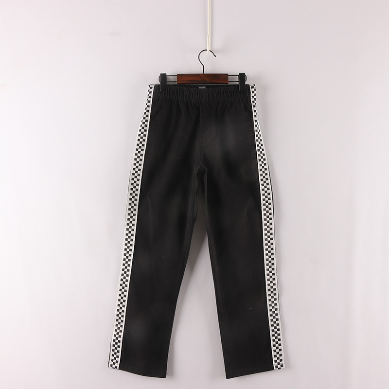 松紧腰两侧黑白棋盘格纯棉直筒裤