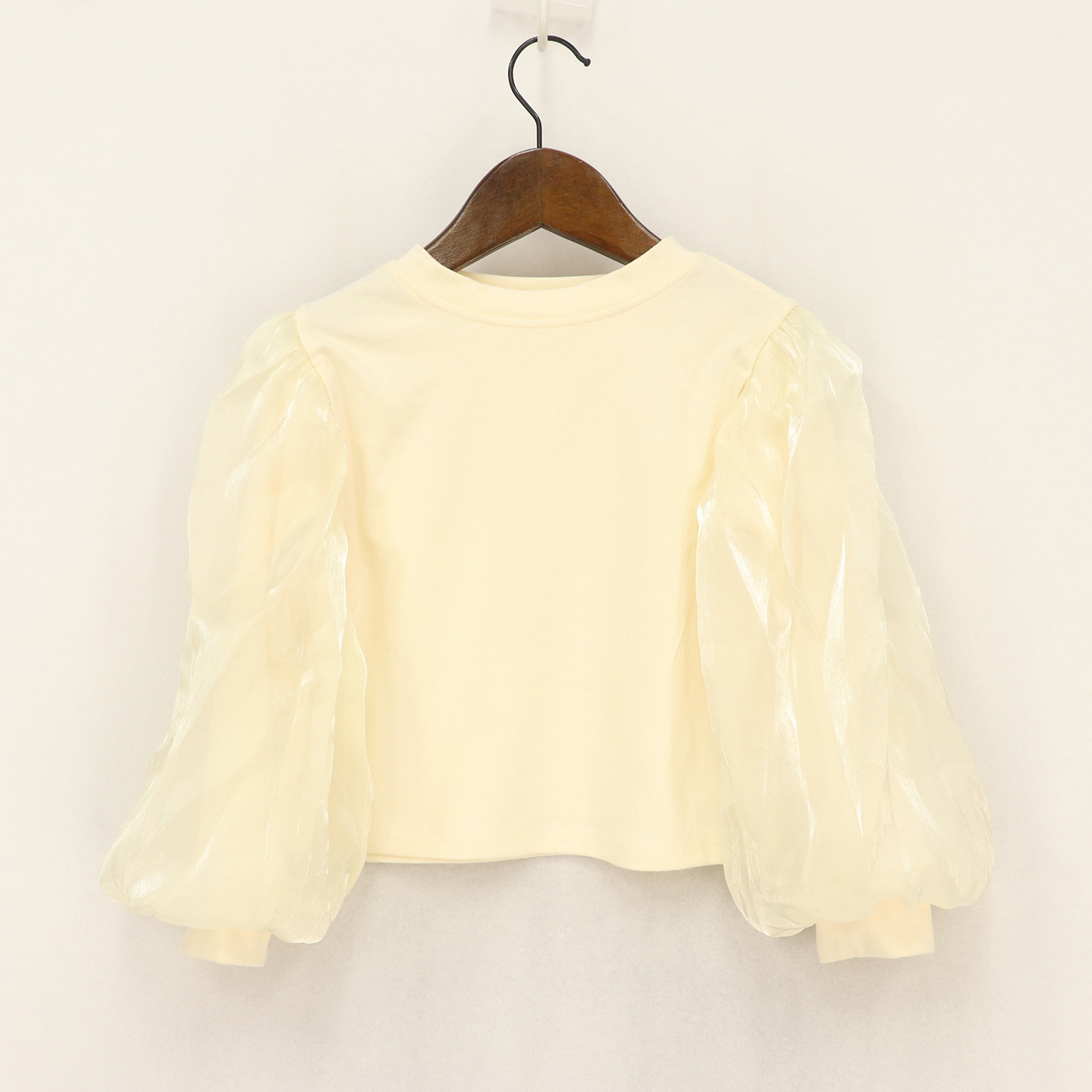 女童圆领拼接泡泡袖套头长袖上衣