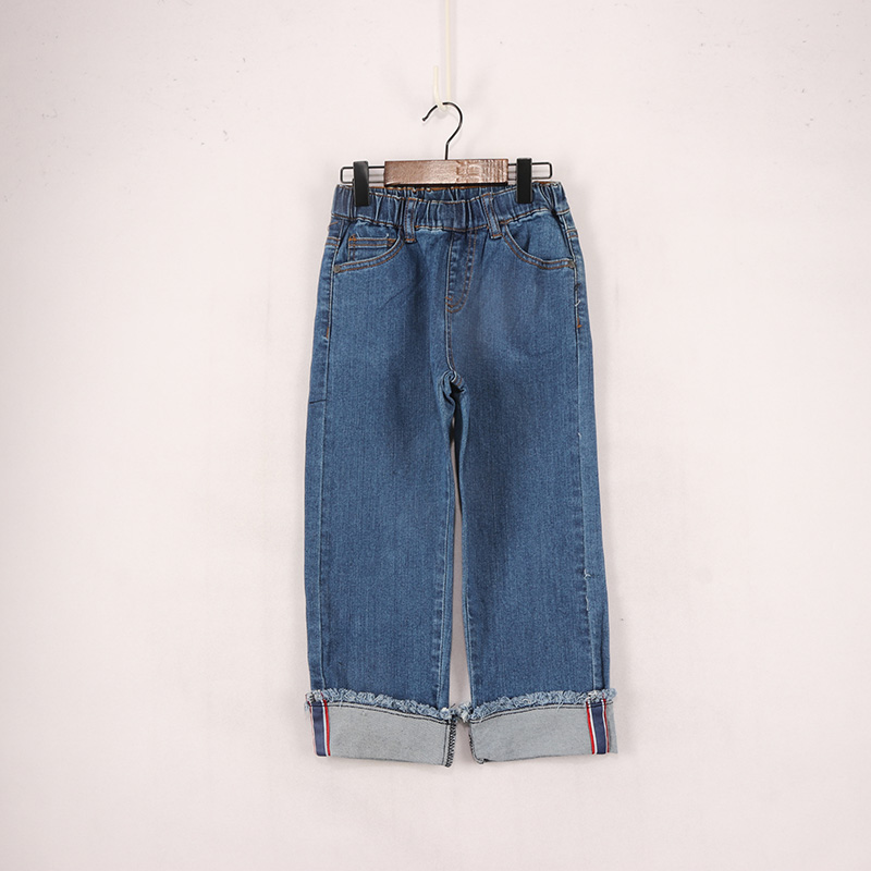 裤脚可卷边毛边拼色竖条牛仔裤