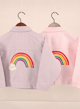 B内销春秋款童装 女童粉色紫色落肩彩虹短款纯棉牛仔外套    DD